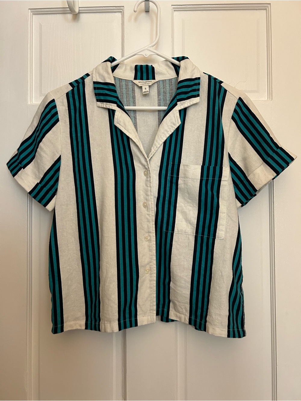 Banana Republic Linen-blend Striped Short Sleeve Button-Down